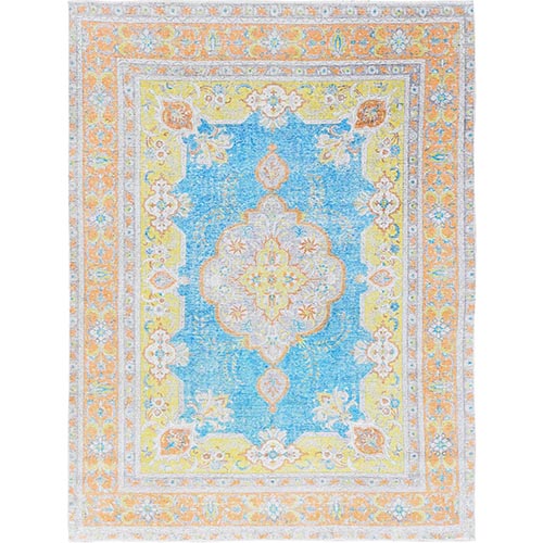 Maya Blue, Painted Vintage Persian Tabriz, Colorfest, Evenly Worn, Cropped Thin, Zero Pile, Sides and Ends Professionally Secured, Hand Knotted, 100% Wool, Oriental 