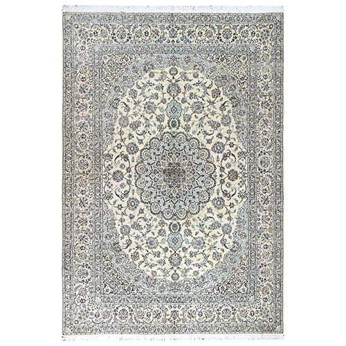 Cream White, 300 KPSI, Persian Nain with Flower Medallion Design, Hand Knotted, Wool and Silk, Oriental 