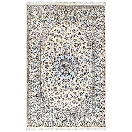 Floral White, Persian Nain with Flower Medallion Design, Wool and Silk, 300 KPSI, Hand Knotted, Oriental 