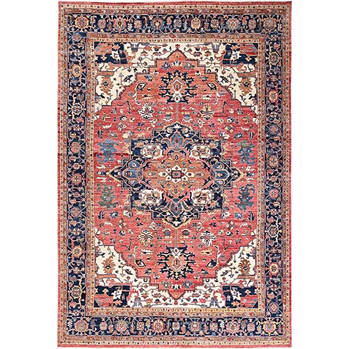 Coral Red, Aryana Collection, Serapi Heriz with Large Medallion Design, Vegetable Dyes, Soft Pile, High Mountain Wool, Hand Knotted, Densely Woven, Oversized, Oriental 