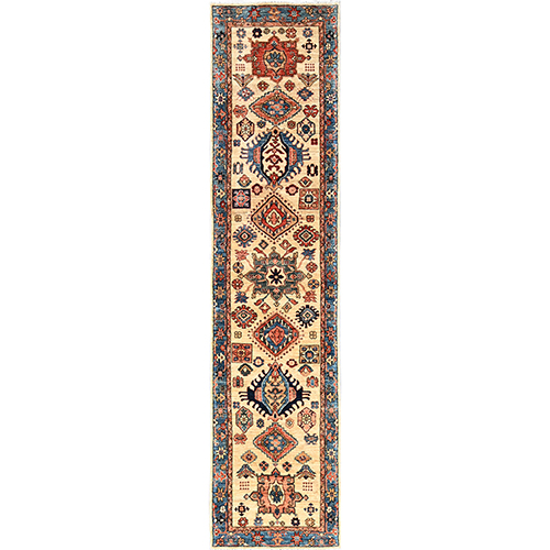 Parchment White, Karajeh with Tribal Medallions Design, Aryana Collection, Vegetable Dyes, High Mountain Wool, Soft Pile, Hand Knotted, Densely Woven, Runner, Oriental 