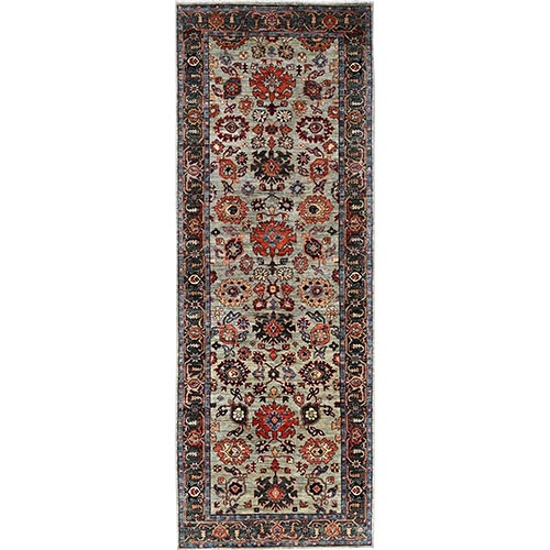 Light Green, Heriz All Over Design, Aryana Collection, Vegetable Dyes, Hand Knotted, Soft Pile, High Mountain Wool, Densely Woven, Wide Runner, Oriental 