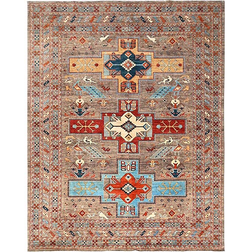 Taupe Gray, Armenian Inspired Caucasian Design, Small Bird Figurines, Velvety Wool, Densely Woven, 200 KPSI, Hand Knotted, Natural Dyes, Oriental 