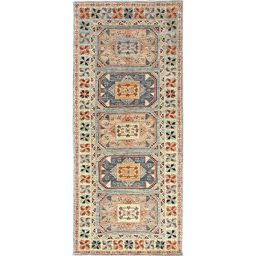 Light Green, Armenian Inspired Caucasian Design, Super Fine Wool, 200 KPSI, Vegetable Dyes, Hand Knotted, Wide Runner, Oriental 