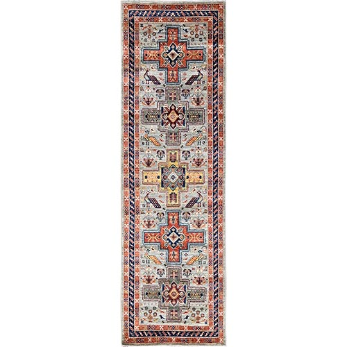 Misty Gray, Armenian Inspired Caucasian Design with Bird Figurines, 200 KPSI, Super Fine Wool, Hand Knotted, Denser Weave, Vegetable Dyes, Runner, Oriental 