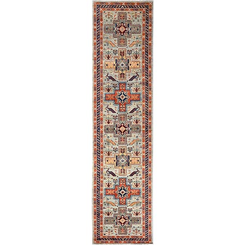 Misty Gray, Armenian Inspired Caucasian Design with Bird Figurines, 200 KPSI, Super Fine Wool, Hand Knotted, Vegetable Dyes, Denser Weave, Runner, Oriental 