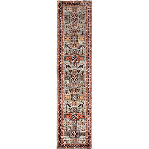 Misty Gray, Armenian Inspired Caucasian Design with Bird Figurines, 200 KPSI, Super Fine Wool, Hand Knotted, Denser Weave, Vegetable Dyes, Runner, Oriental 