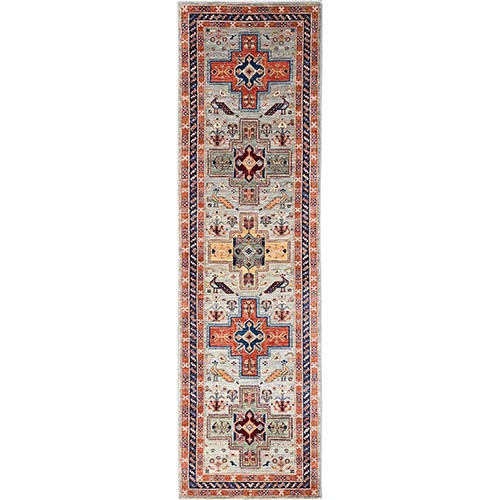 Misty Gray, Armenian Inspired Caucasian Design with Bird Figurines, 200 KPSI, Super Fine Wool, Hand Knotted, Denser Weave, Vegetable Dyes, Runner, Oriental 