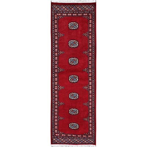 Crimson Red, Princess Bokara with Tribal Medallions Design, Soft Wool, Hand Knotted, Narrow Runner, Oriental 