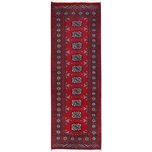 Chili Red, Princess Bokara with Tribal Medallions, Soft and Velvety Wool, Hand Knotted, Narrow Runner, Oriental 