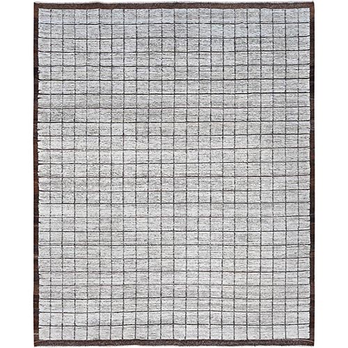 Daisy White, Moroccan Weave with Box Design, Textured Pile, Tone on Tone, Undyed Natural Wool, Hand Knotted, Oriental 