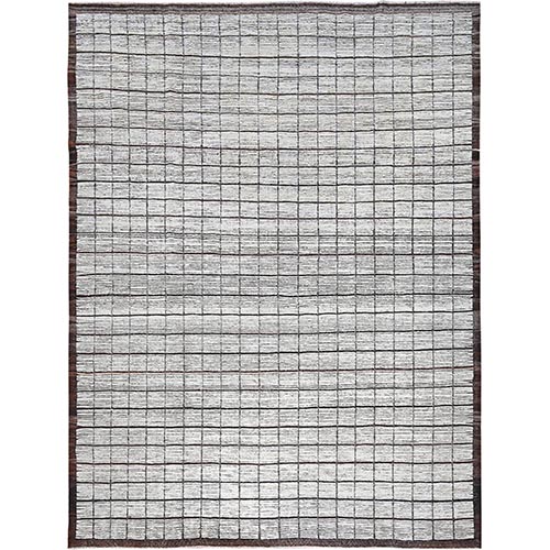 Vista White, Moroccan Weave with Box Design, Tone on Tone, Textured Pile, Undyed Natural Wool, Hand Knotted, Oriental 
