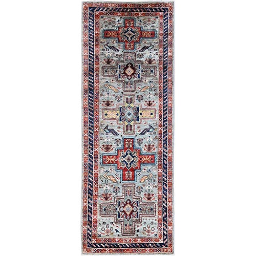 Misty Gray, Armenian Inspired Caucasian Design with Bird Figurines, Hand Knotted, Super Fine Wool, 200 KPSI, Denser Weave, Vegetable Dyes, Runner, Oriental 
