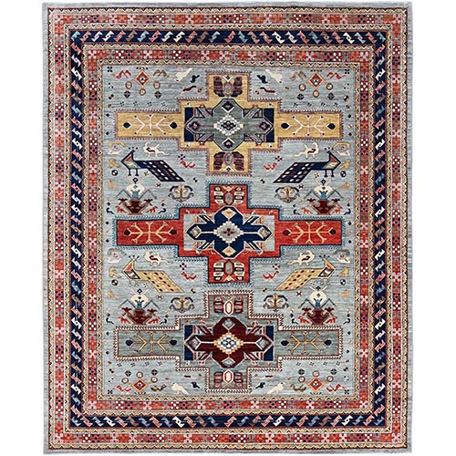 Misty Gray, Armenian Inspired Caucasian Design with Bird Figurines, 200 KPSI, Denser Weave, Soft and Shiny Wool, Hand Knotted, Natural Dyes, Oriental 