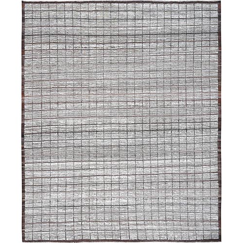 Porcelain White, Moroccan Weave with Box Design, Textured Pile, Tone on Tone, Undyed Natural Wool, Hand Knotted, Oversized, Oriental 