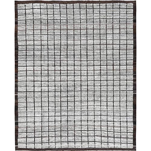 Snow White, Moroccan Weave with Grid Design, Tone on Tone, Textured Pile, Undyed Natural Wool, Hand Knotted, Oriental 