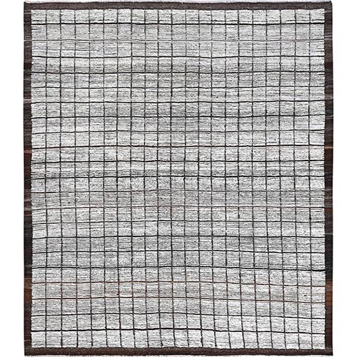 Daisy White, Moroccan Weave with Box Design, Textured Pile, Tone on Tone, Undyed Natural Wool, Hand Knotted, Squarish, Oriental 