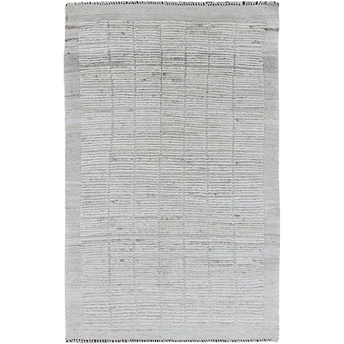 Alabaster White, Moroccan Weave with Grid Design, Tone on Tone, Undyed Natural Wool, Textured Pile, Hand Knotted, Oriental 