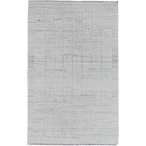Chiffon White, Moroccan Weave with Box Design, Textured Pile, Tone on Tone, Undyed Natural Wool, Hand Knotted, Oriental Rug