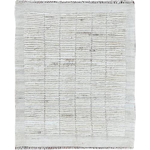 Pearl White, Moroccan Weave with Squares Design, Textured Pile, Tone on Tone, Undyed Natural Wool, Hand Knotted, Sample, Mat, Oriental Rug