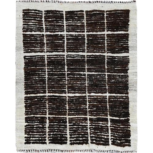 Chocolate Brown, Moroccan Weave with Grid Design, Textured Pile, Tone on Tone, Undyed Natural Wool, Hand Knotted, Sample, Mat, Oriental 