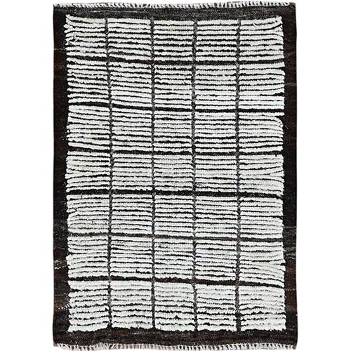 Vista White, Moroccan Weave with Box Design, Tone on Tone, Textured Pile, Undyed Natural Wool, Hand Knotted, Sample, Mat, Oriental 