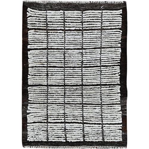 Frost White, Moroccan Weave with Grid Design, Textured Pile, Undyed Natural Wool, Hand Knotted, Tone on Tone, Mat, Sample, Oriental 