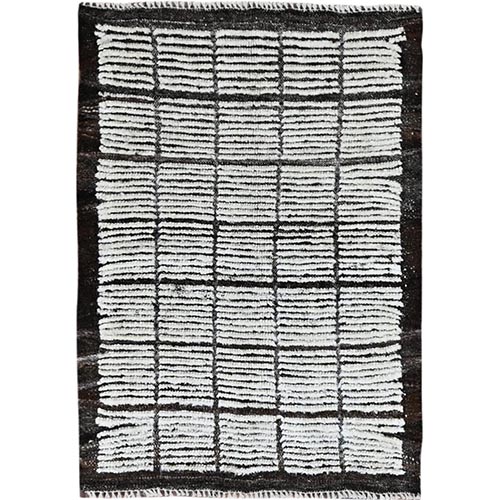 Brilliant White, Moroccan Weave with Box Design, Textured Pile, Tone on Tone, Undyed Natural Wool, Hand Knotted, Mat, Sample, Oriental 