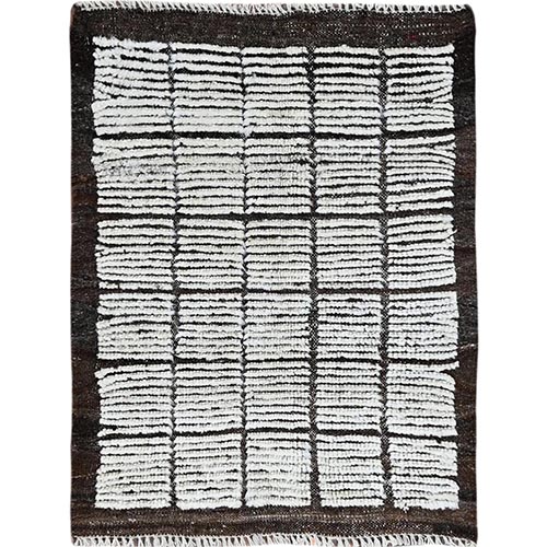 Snow White, Moroccan Weave with Box Design, Tone on Tone, Textured Pile, Undyed Natural Wool, Hand Knotted, Mat, Sample, Oriental 