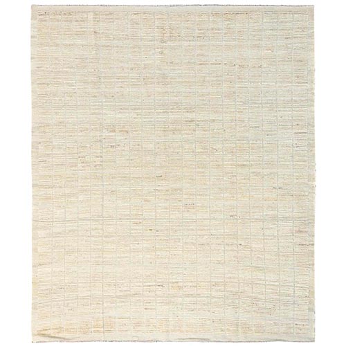 Coconut Milk White, Moroccan Weave with Grid Design, Hand Knotted, Textured Pile, Tone on Tone, Undyed Natural Wool, Oriental 