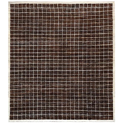 Cedar Brown, Undyed Natural Wool, Moroccan Weave with Grid Design, Hand Knotted, Textured Pile, Tone on Tone, XL, Oversized, Oriental 