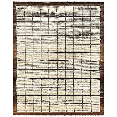 Pearl White, Tone on Tone, Undyed Natural Wool, Moroccan Weave with Grid Design, Hand Knotted, Textured Pile, Oriental 