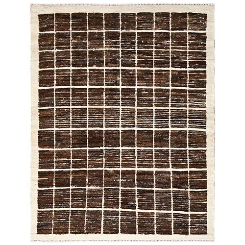 Bistre Brown, Moroccan Weave with Grid Design, Tone on Tone, Hand Knotted, Textured Pile, Undyed Natural Wool, Oriental Rug
