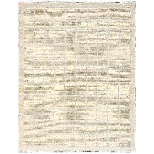 Cannoli Cream White, Hand Knotted, Textured Pile, Tone on Tone, Moroccan Weave with Grid Design, Undyed Natural Wool, Oriental Rug