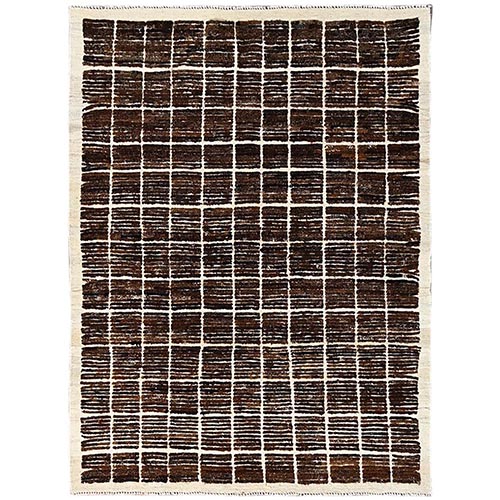 Cedar Brown, Moroccan Weave with Grid Design, Hand Knotted, Textured Pile, Tone on Tone, Undyed Natural Wool, Oriental Rug