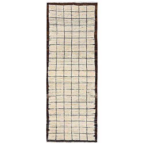 Chiffon White, Undyed Natural Wool, Moroccan Weave with Grid Design, Hand Knotted, Textured Pile, Tone on Tone, Wide Runner, Oriental 