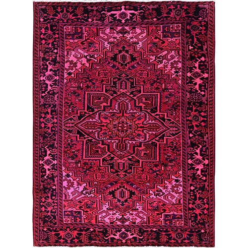 Red Overdyed, Semi Antique Persian Heriz with Large Medallion, Worn Down, Sheared Low, Zero Pile, Sides and Ends Professionally Secured, Hand Knotted, 100% Wool, Oriental 