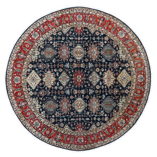 Power Black, Hand Knotted, Karajeh Design with All Over Pattern, Vegetable Dyes, Soft Pile, 100% Wool, Round, Oriental Rug