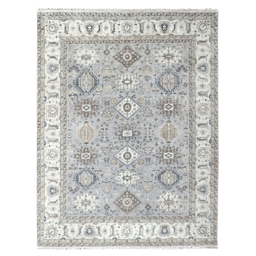 Cloud Gray, Karajeh and Geometric Design, Organic Wool, Hand Knotted, Oriental Rug