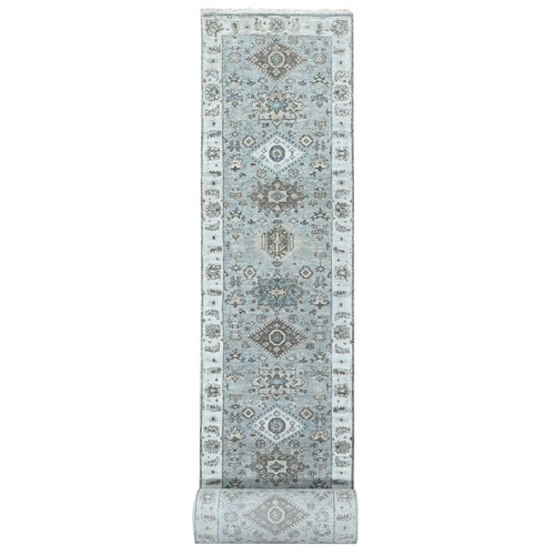 Mist Gray, Hand Knotted, Karajeh and Geometric Design, Pure Wool, XL Runner, Oriental Rug