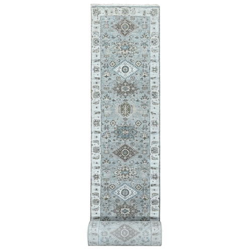 Ice Gray, Karajeh and Geometric Design, Pure Wool, Hand Knotted, XL Runner, Oriental Rug