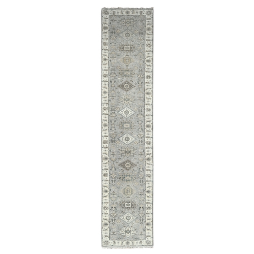 Medium Gray, Hand Knotted, Karajeh and Geometric Design, Organic Wool, Runner, Oriental Rug