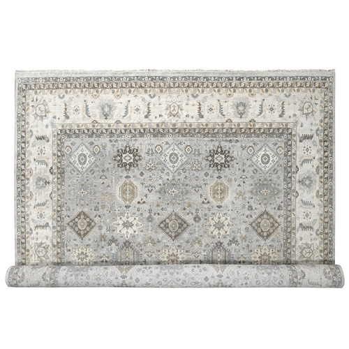 Chrome Gray, Karajeh and Geometric Design, Hand Knotted, Organic Wool, Oversized, Oriental Rug