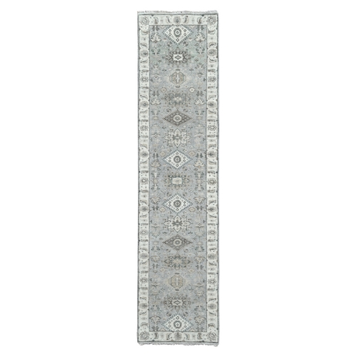 Mist Gray, Karajeh and Geometric Design, Pure Wool, Hand Knotted, Oriental, Runner 