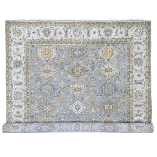 Medium Gray, Pure Wool, Karajeh and Geometric Design, Hand Knotted, Oriental Rug