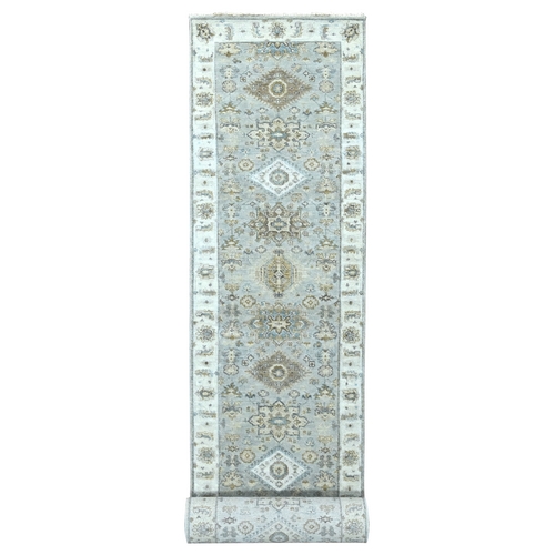 Pastel Gray, Karajeh and Geometric Design, Hand Knotted, Pure Wool, XL Runner, Oriental Rug