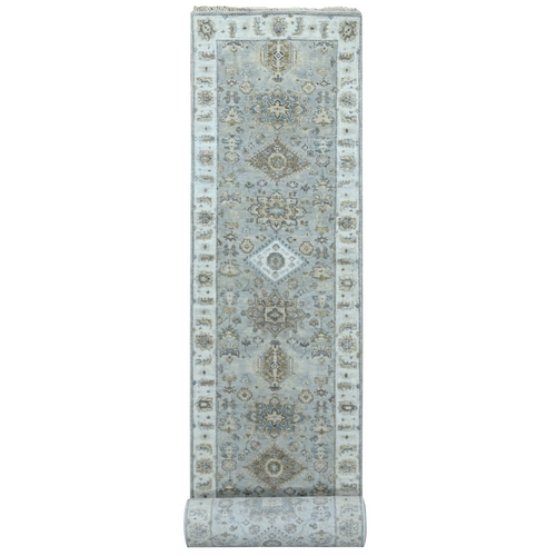 Misty Gray, Karajeh and Geometric Design, Natural Wool, Hand Knotted, XL Runner, Oriental 