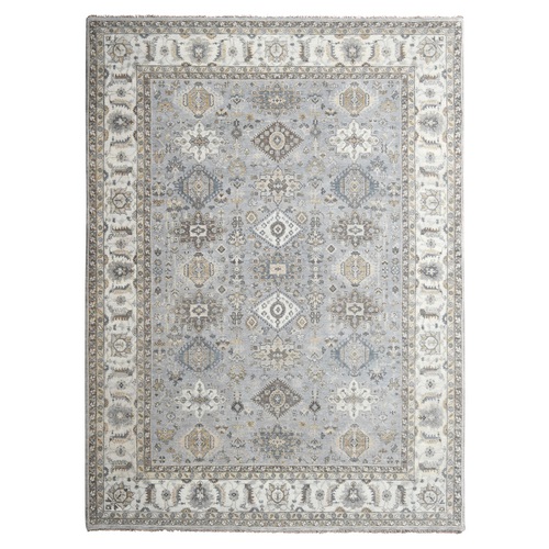 Medium Gray, Pure Wool, Karajeh and Geometric Design, Hand Knotted, Oriental Rug