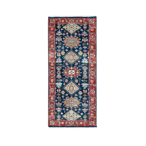 Yale Blue, Karajeh Design with Geometric Medallions, Hand Knotted, Soft Wool, Runner, Oriental 