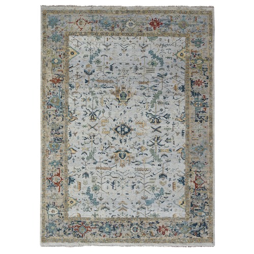 Pastel Gray, Broken and Erased Persian Heriz All Over Design with Soft Color Palette, Dense Weave, Hand Knotted, Pure Wool, Oriental 